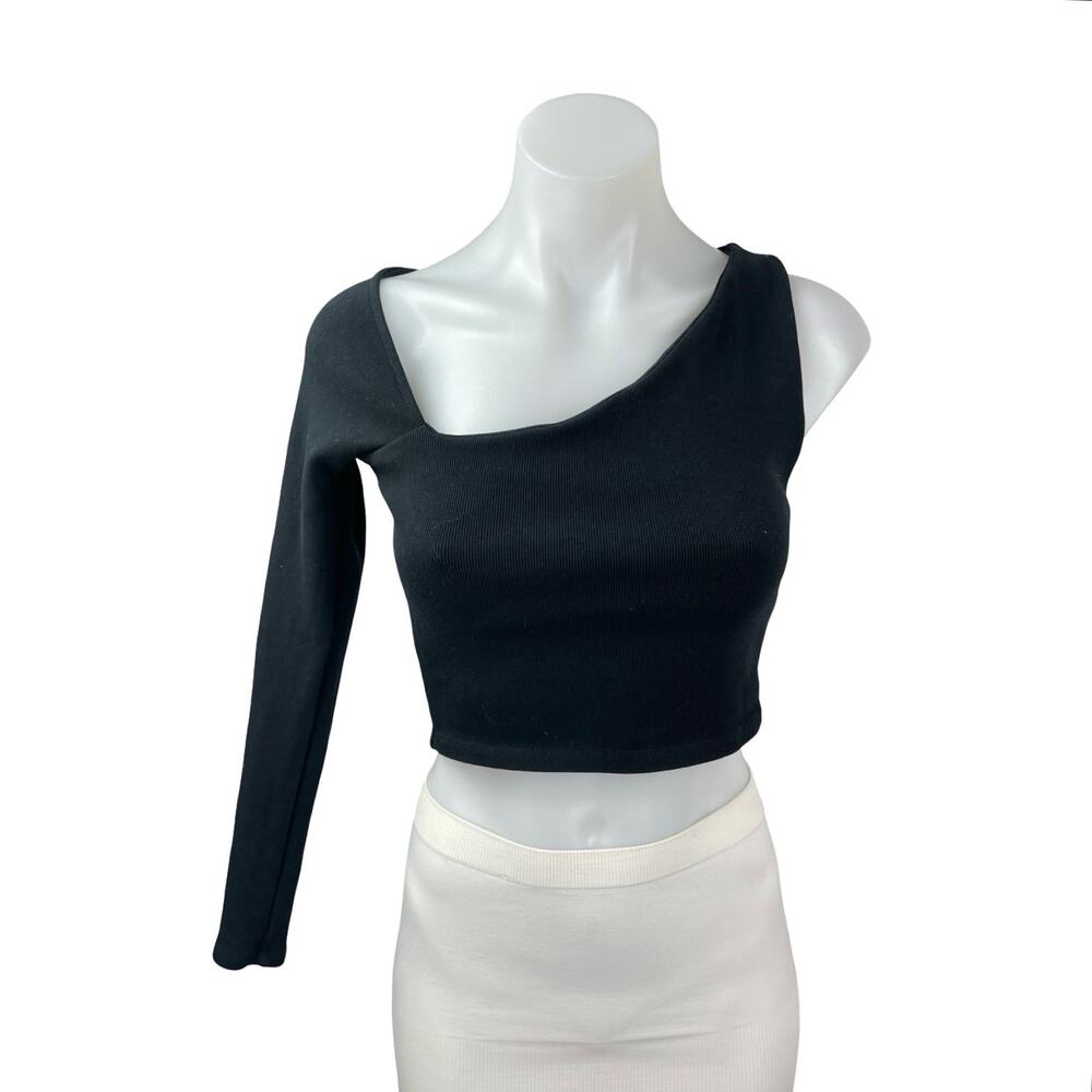 Zara Women's Black One Shoulder Asymmetric Neck Blouse Shirt Crop Top Size M